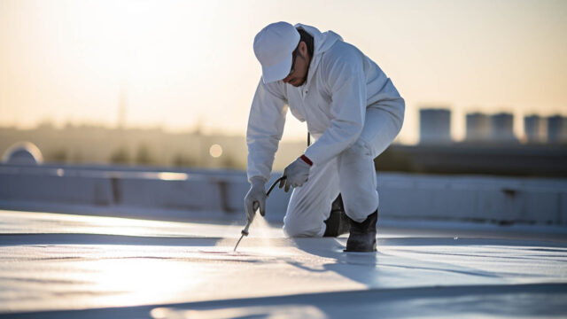 Commercial flat roof replacement cost featured image with low-slope roof system