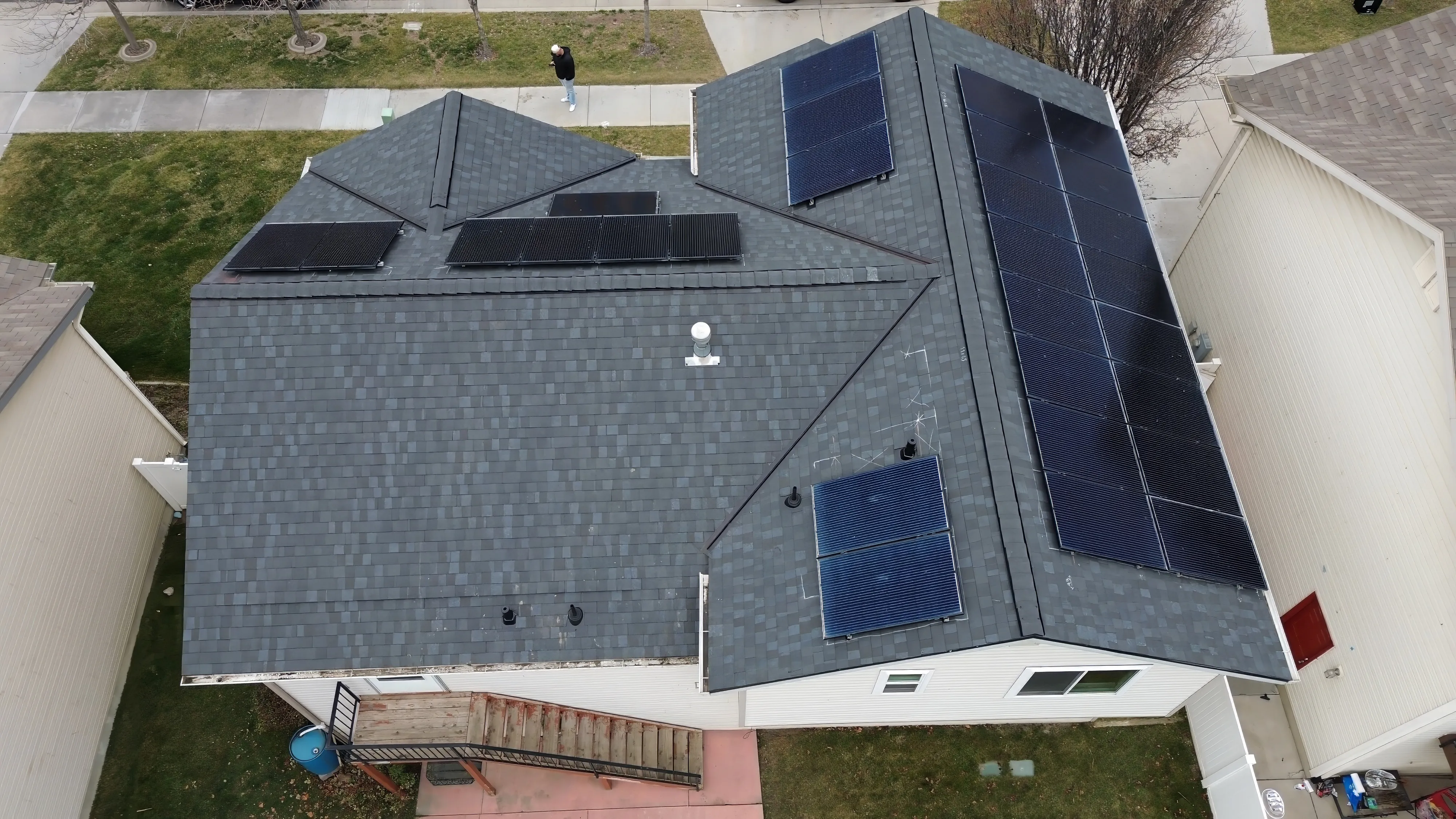 Aerial view of a complex roofline showing potential ice dam failure points